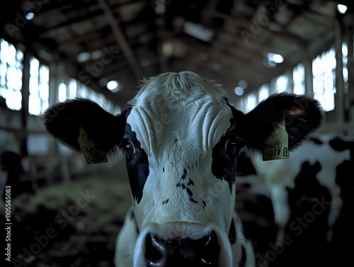 A close-up image of a cow with black and white fur inside a barn. The cow has ear tags visible, and the background features a rustic farming environment with natural light coming through the windows. photo