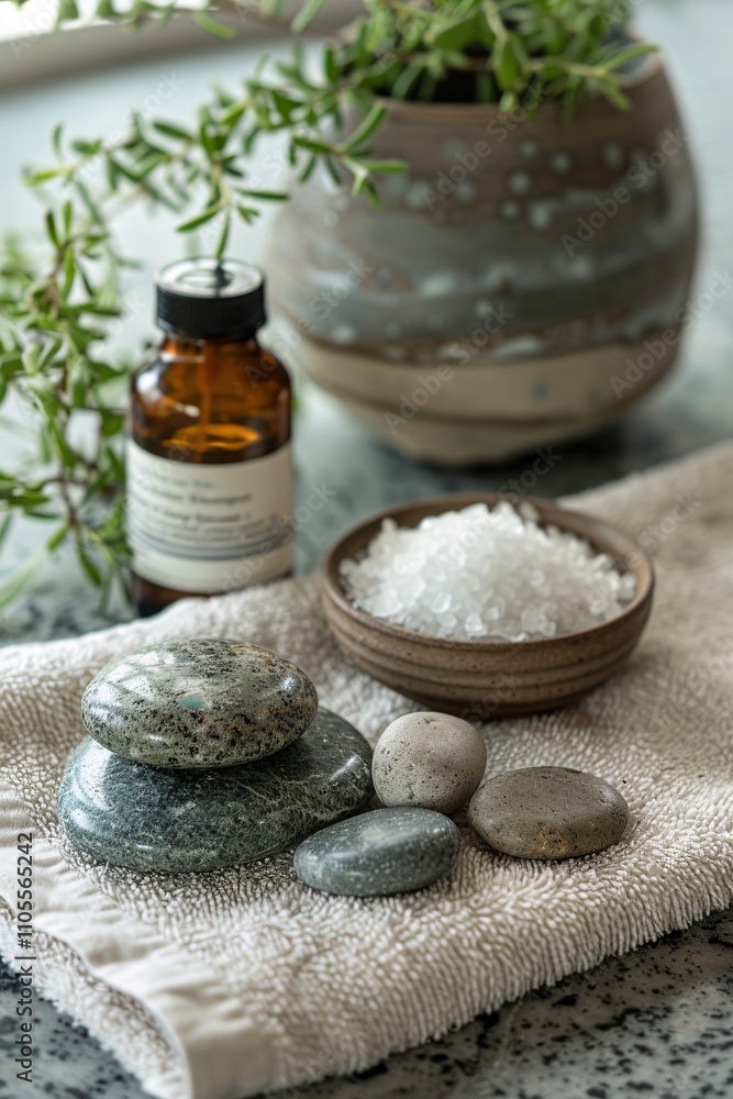 A serene spa arrangement showcases smooth stones, a small bowl of salt, and a bottle, accompanied by lush green foliage. The calming setting invites relaxation and wellness A serene spa arrangement showcases smooth stones, a small bowl of salt, and a bottle, accompanied by lush green foliage. The calming setting invites relaxation and wellness