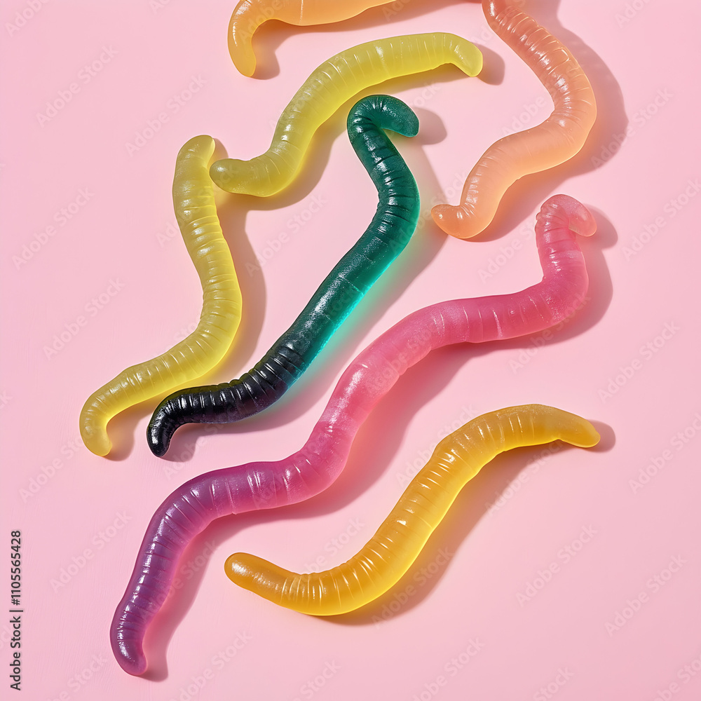Naklejka premium A spill of gummy worms, a solid pastel background, product photography. 