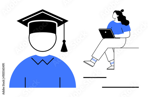 Icon of a graduate in cap and gown beside a woman using a laptop. Ideal for education, e-learning, online courses, graduation, adult learning, student life, and career development themes. Line