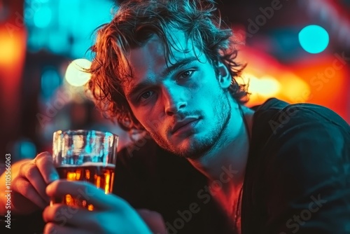 
Portrait photo of a 30-year-old white man with tousled hair and flushed cheeks in a state of mild intoxication, sitting on a bar stool with a half-empty glass of whiskey in hand, neon bar lights refl