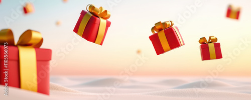 Floating red gift boxes with golden ribbons in serene landscape