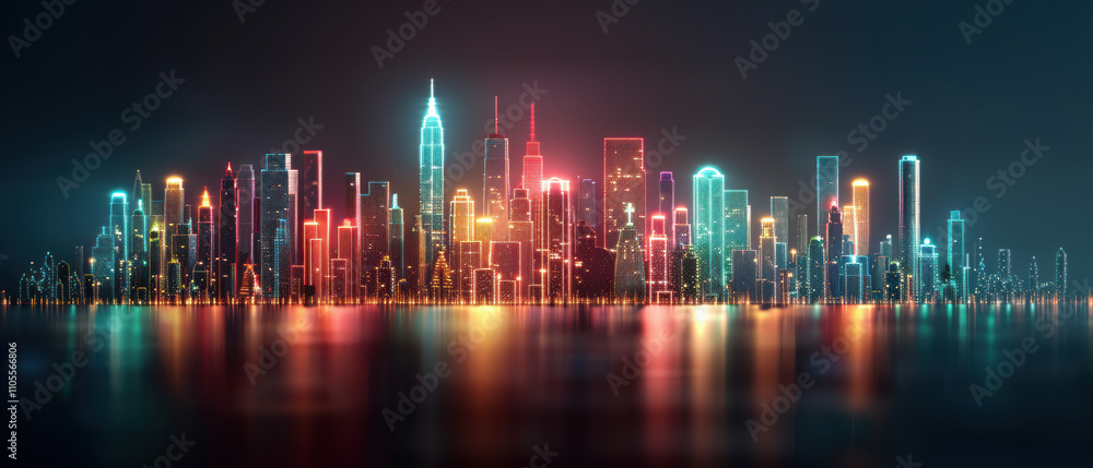 Wireframe city design featuring glowing red and green Christmas lights, Vibrant city skyline illuminated at night, showcasing colorful skyscrapers reflecting on the water surface beneath. Wireframe city design featuring glowing red and green Christmas lights, Vibrant city skyline illuminated at night, showcasing colorful skyscrapers reflecting on the water surface beneath.