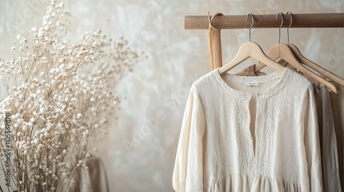 Cream Linen Dresses Hanging On Wooden Rack