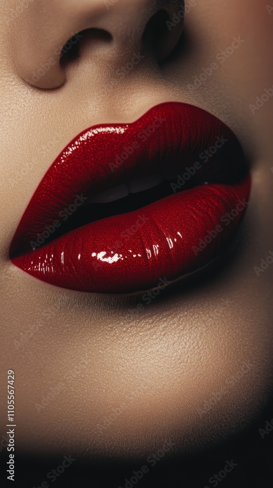 Obraz premium Bold and glossy red lips in a close-up shot, showcasing beauty and glamour for makeup inspiration and fashion trends.