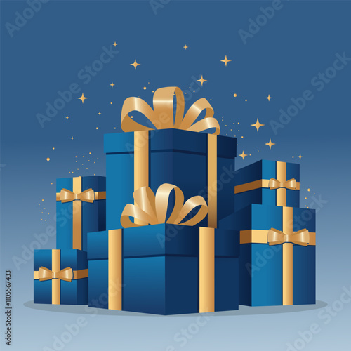 Big pile of colorful wrapped gift boxes. Lots of presents in blue and gold. Flat style vector illustration.