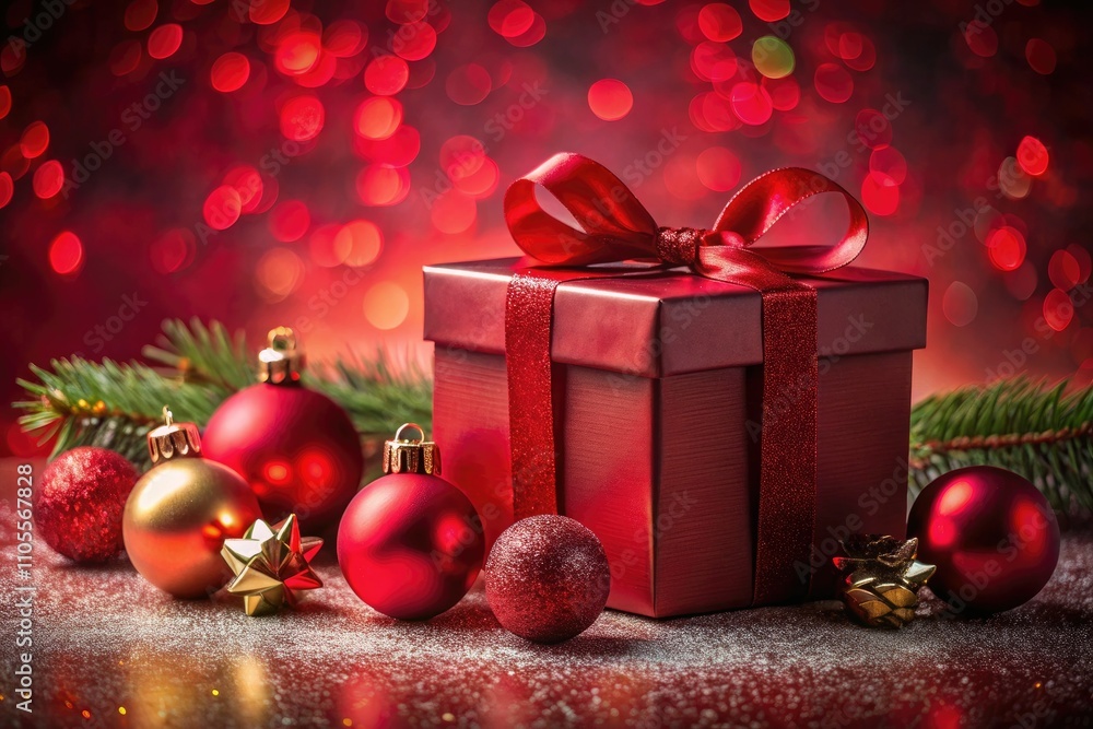 Red Christmas Gift Box, Ornaments, Festive Background - Holiday Season Decoration Image Red Christmas Gift Box, Ornaments, Festive Background - Holiday Season Decoration Image