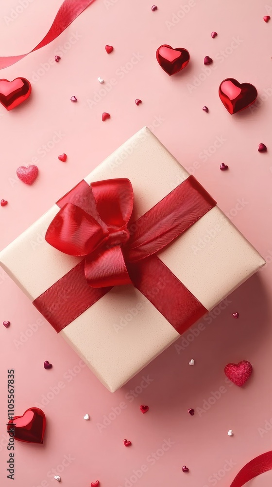 A beautifully wrapped gift box with a red ribbon, surrounded by heart decorations on a pink background, perfect for Valentine's. A beautifully wrapped gift box with a red ribbon, surrounded by heart decorations on a pink background, perfect for Valentine's.