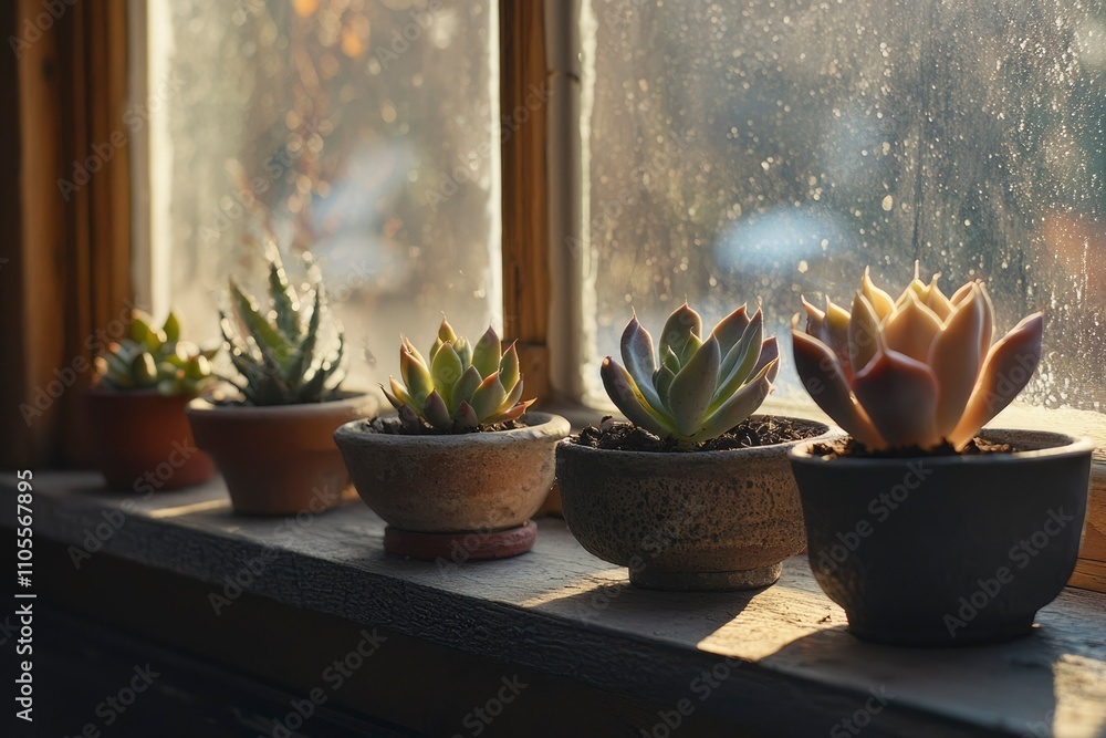 Succulents in pots bask in sunlight by a window Succulents in pots bask in sunlight by a window