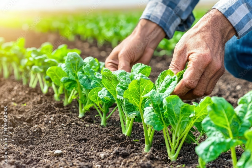 Farmers Hands Tending Rows Of Green Leafy Plants Farmers Hands Tending Rows Of Green Leafy Plants