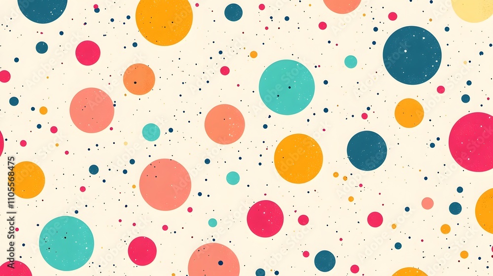 Dynamic polka dot pattern featuring vibrant circles in pink, yellow, turquoise, and orange, arranged in retro pop art style against white background with modern geometric composition. Dynamic polka dot pattern featuring vibrant circles in pink, yellow, turquoise, and orange, arranged in retro pop art style against white background with modern geometric composition.