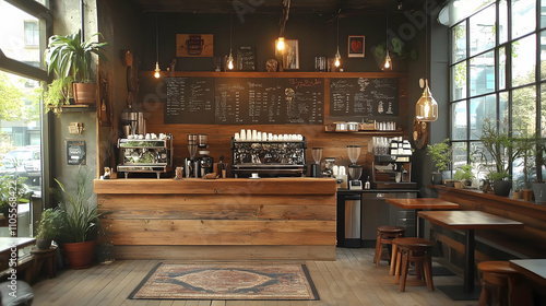 Cozy Coffee Shop: Rustic Decor, Menu Boards, and Warm Ambiance