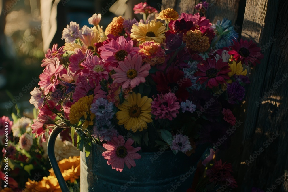 Fototapeta premium Colorful Flower Bouquet In Rustic Metal Container