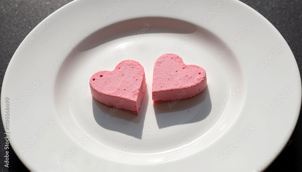 Split heart-shaped pink marshmallow on a plate for Valentine's Day Split heart-shaped pink marshmallow on a plate for Valentine's Day
