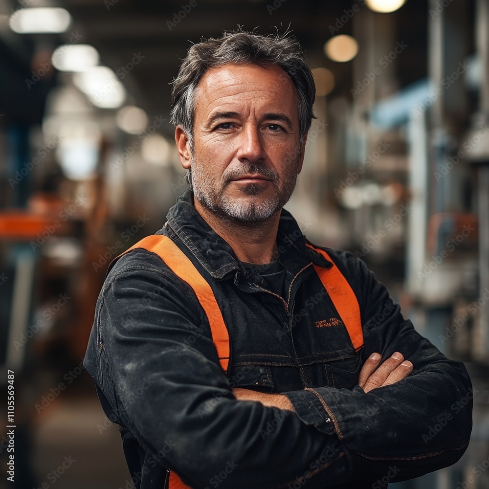 Confident engineer in industrial setting with expertise in focus Confident engineer in industrial setting with expertise in focus