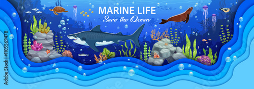 Ocean life paper cut banner with sea animals at underwater landscape. 3d vector scene showcases marine life as shark, turtle, seal and colorful fish among coral reefs, promoting ocean conservation