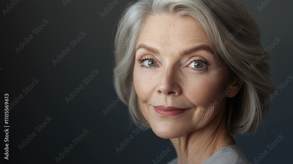 Mature woman with gray hair looks directly at camera. Studio portrait highlights healthy skin, beauty. Cosmetics, skincare concept. Cosmetology. Beautiful middle-aged woman. Close-up view of mature Mature woman with gray hair looks directly at camera. Studio portrait highlights healthy skin, beauty. Cosmetics, skincare concept. Cosmetology. Beautiful middle-aged woman. Close-up view of mature
