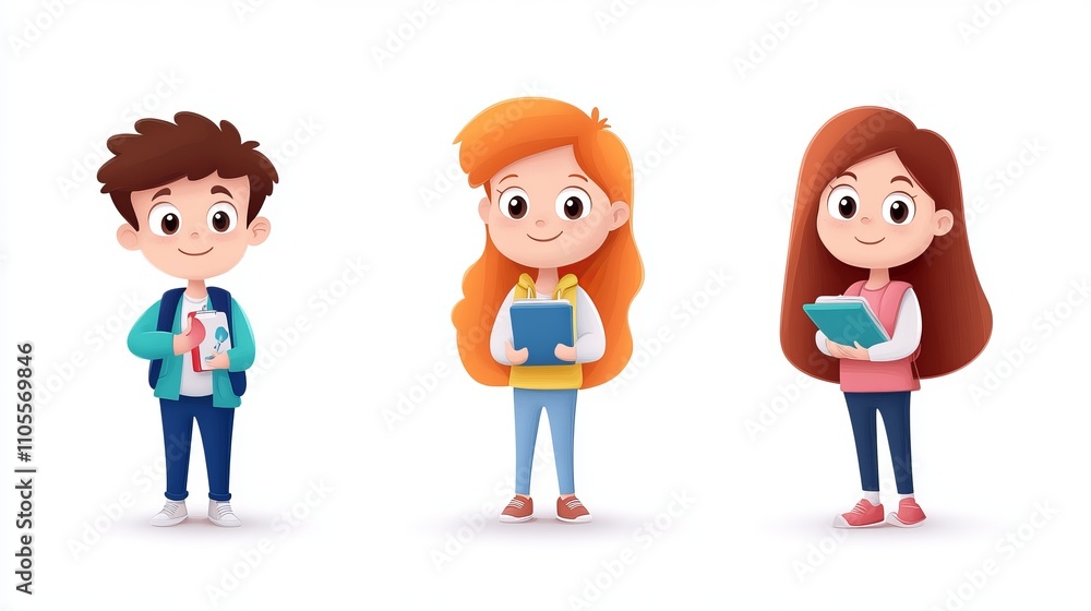 Fototapeta premium Cartoon Characters Engaged in Activities with Bright Expressions