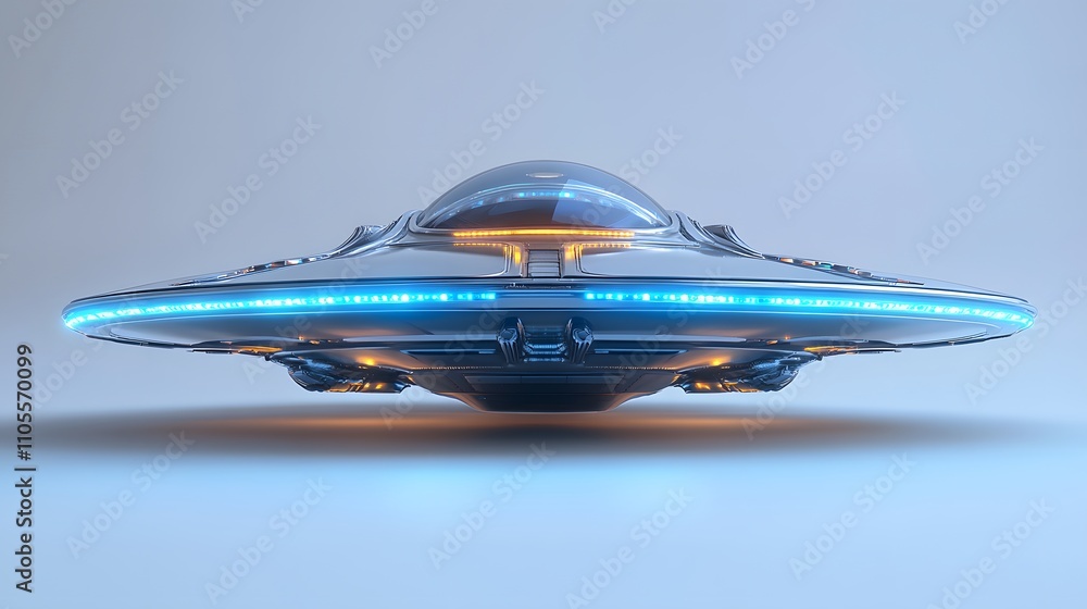 Futuristic silver UFO spacecraft with glowing blue energy rings and transparent dome, rendered in 3D with chrome textures and dramatic lighting against white background. Futuristic silver UFO spacecraft with glowing blue energy rings and transparent dome, rendered in 3D with chrome textures and dramatic lighting against white background.