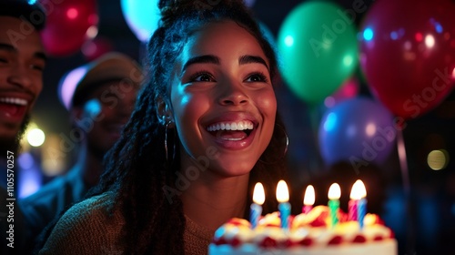 Birthday Girl Blowing Out Candles on Cake at Night Party