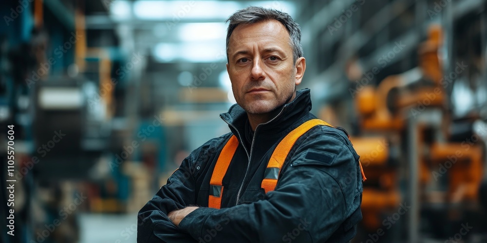 Confident engineer in industrial setting with expertise in focus Confident engineer in industrial setting with expertise in focus