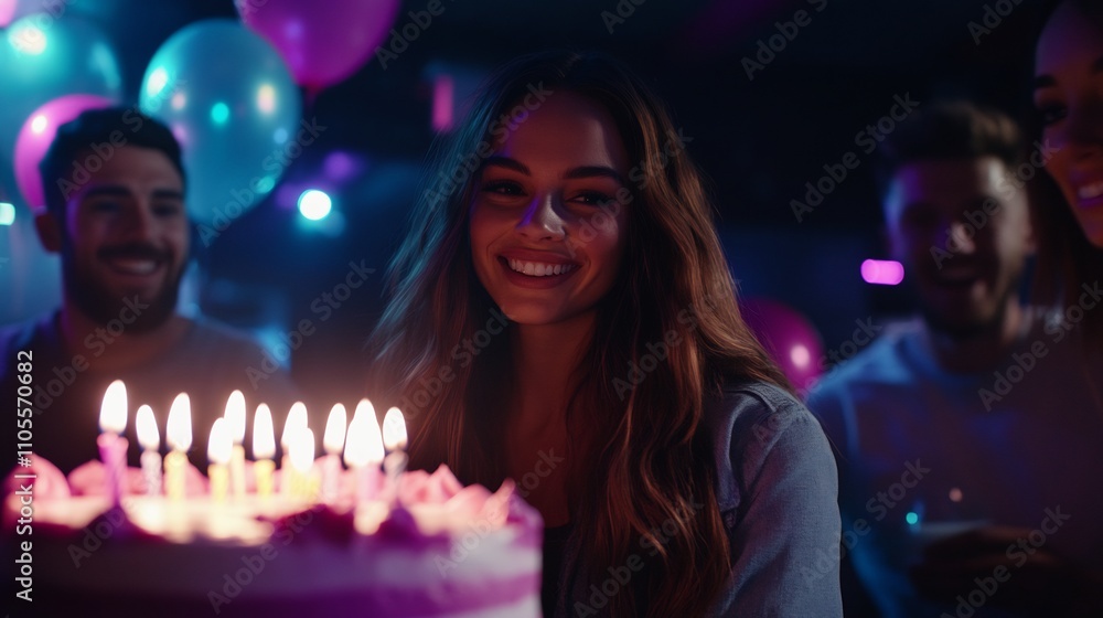 Birthday Girl Blowing Out Candles with Friends at a Night Party Birthday Girl Blowing Out Candles with Friends at a Night Party