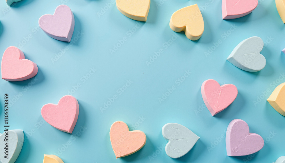 Colorful heart-shaped marshmallows on pastel blue background for Valentine's Day Colorful heart-shaped marshmallows on pastel blue background for Valentine's Day