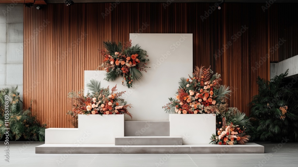 Fototapeta premium Modern stage design with floral arrangements featuring orange and pink flowers against wooden panel backdrop