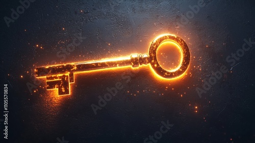 Glowing Key with Sparkling Effects on Dark Background