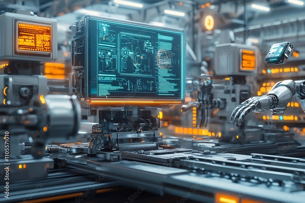 Automated Industrial Factory with Advanced Robotic Machinery and Digital Monitoring Systems Automated Industrial Factory with Advanced Robotic Machinery and Digital Monitoring Systems