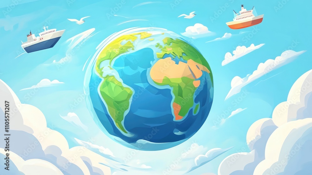 Naklejka premium Transparent Earth showing maritime routes flat design front view navigation theme cartoon drawing colored pastel