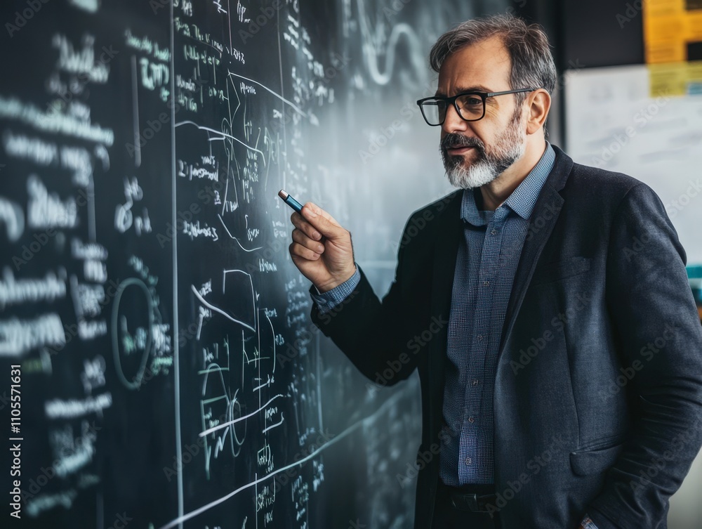 Focused Professor Explaining Equations on Chalkboard Focused Professor Explaining Equations on Chalkboard