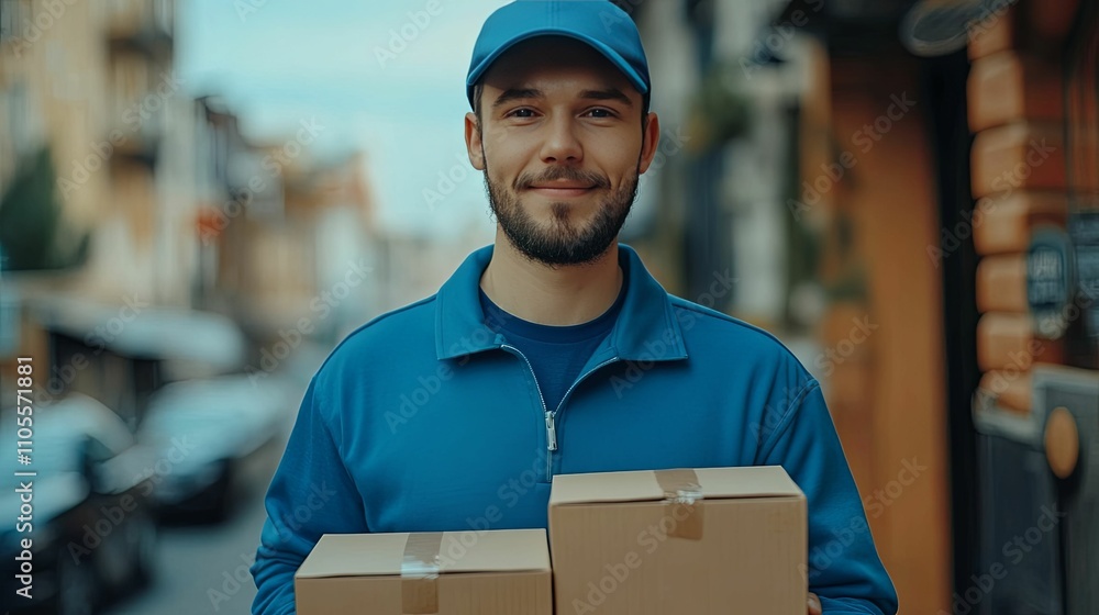 Happy Delivery Man Holding Cardboard Boxes Outdoors Happy Delivery Man Holding Cardboard Boxes Outdoors
