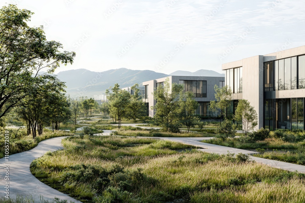 Serene Modern Architecture Blending with Nature, Showcasing Eco-Friendly Design in a Lush Landscape with Rolling Hills and Clear Skies Serene Modern Architecture Blending with Nature, Showcasing Eco-Friendly Design in a Lush Landscape with Rolling Hills and Clear Skies