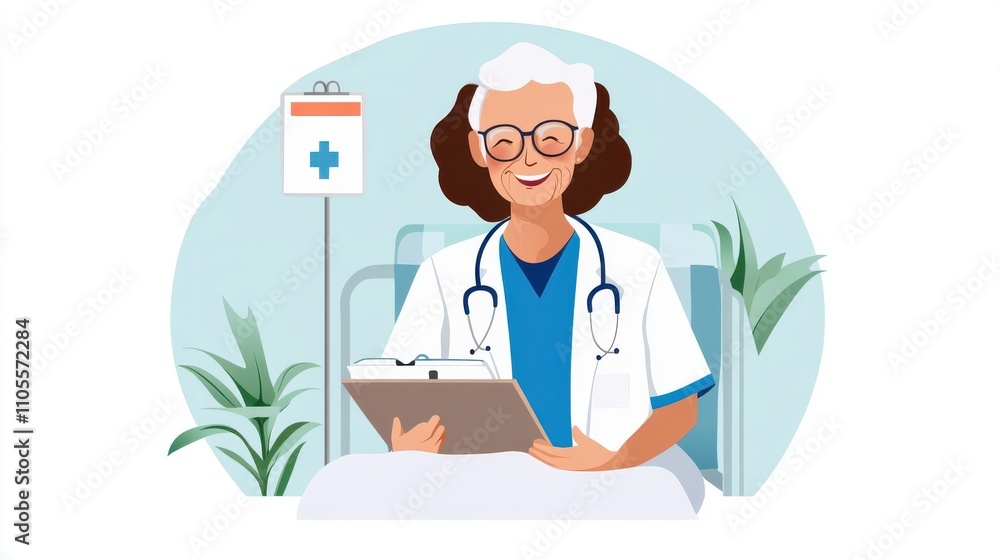 An elderly female doctor with glasses and short gray hair, smiling as she holds a clipboard in a hospital room, surrounded by plants and medical equipment. An elderly female doctor with glasses and short gray hair, smiling as she holds a clipboard in a hospital room, surrounded by plants and medical equipment.