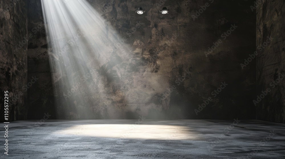 Spotlit dark room with concrete texture background. Spotlit dark room with concrete texture background.