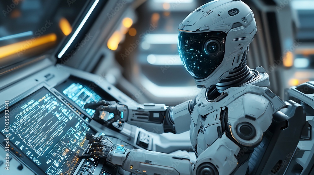 Fototapeta premium Futuristic robot pilot operating spaceship controls.