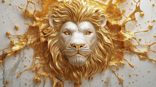 Golden lion head decorates wallpaper mural. 3D relief design with golden splashes. Exquisitely detailed lion head appears regal, majestic. Luxurious, sophisticated wall art piece. Great for modern photo