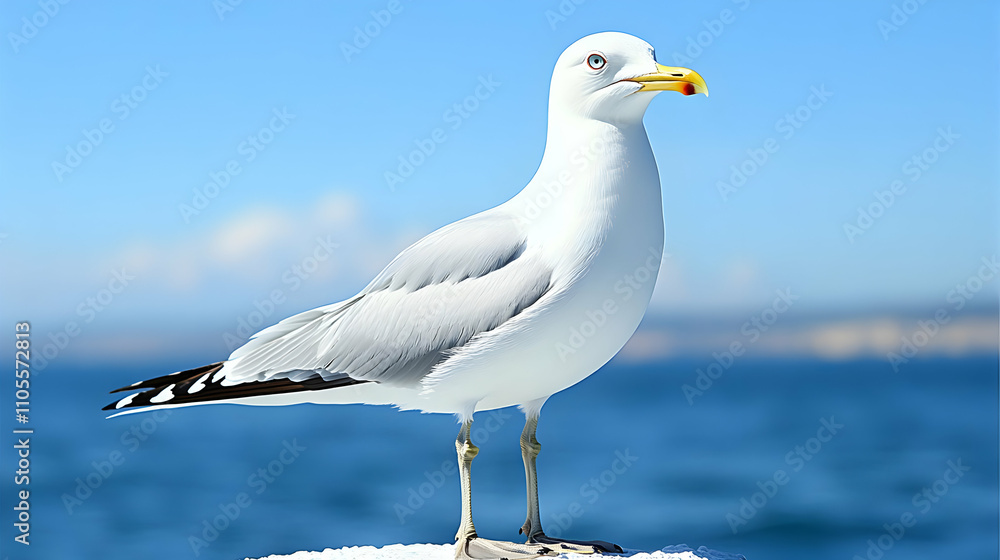 Majestic Seagull Stands on Coastline, Ocean View Majestic Seagull Stands on Coastline, Ocean View