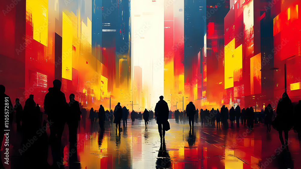 Obraz premium Urban Exploration: A City's Vibrant Hues at Dusk, Crowds Moving Through Reflective Streets