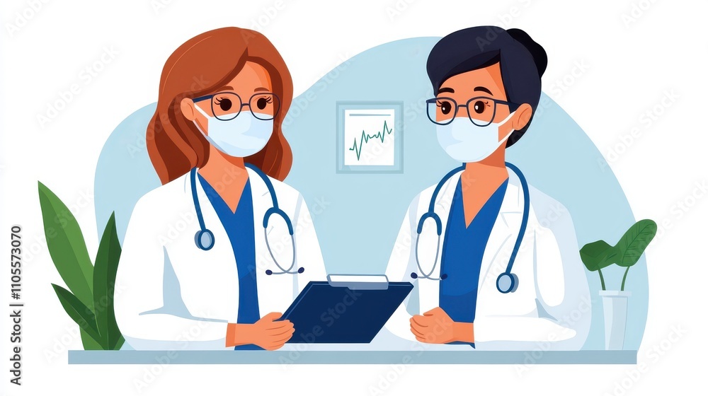 This illustration captures two female doctors in a clinical setting, wearing medical masks, and discussing charts, with plants adding a touch of green to the environment. This illustration captures two female doctors in a clinical setting, wearing medical masks, and discussing charts, with plants adding a touch of green to the environment.