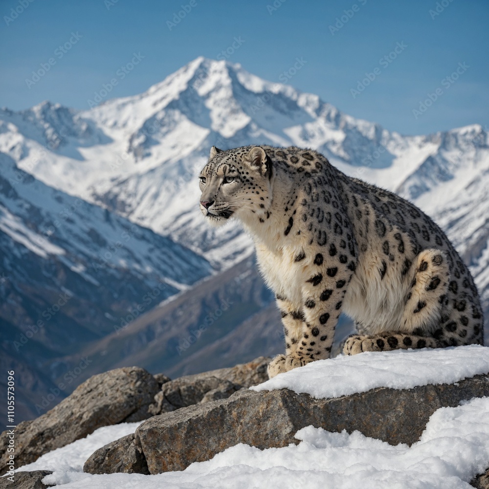 A snow leopard perched on a rocky ledge with snow-capped mountains in the background.
A snow leopard perched on a rocky ledge with snow-capped mountains in the background.