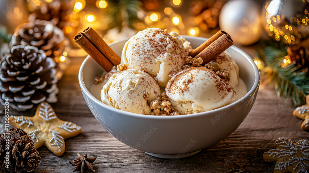Festive Eggnog Ice Cream Bowl with Cinnamon Sticks and Gingerbread Cookies Surrounded by Ornaments and Fairy Lights for Holiday Decor Festive Eggnog Ice Cream Bowl with Cinnamon Sticks and Gingerbread Cookies Surrounded by Ornaments and Fairy Lights for Holiday Decor