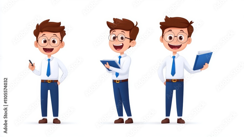 Cartoon Businessman Engaging in Various Activities with Documents Cartoon Businessman Engaging in Various Activities with Documents
