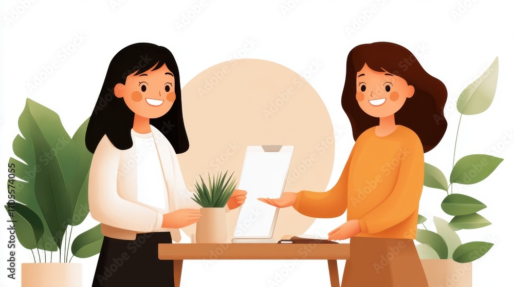 Two women engaged in a friendly business exchange at a desk, showcasing collaboration and mutual understanding, surrounded by modern office decor. Two women engaged in a friendly business exchange at a desk, showcasing collaboration and mutual understanding, surrounded by modern office decor.