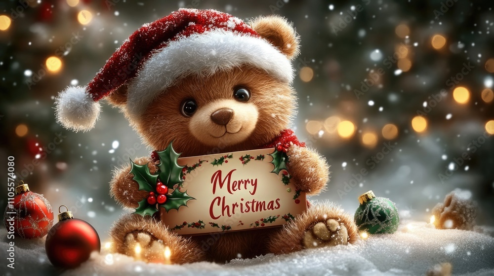 A cute teddy bear dressed in Christmas attire, holding an Merry Christmas card A cute teddy bear dressed in Christmas attire, holding an Merry Christmas card