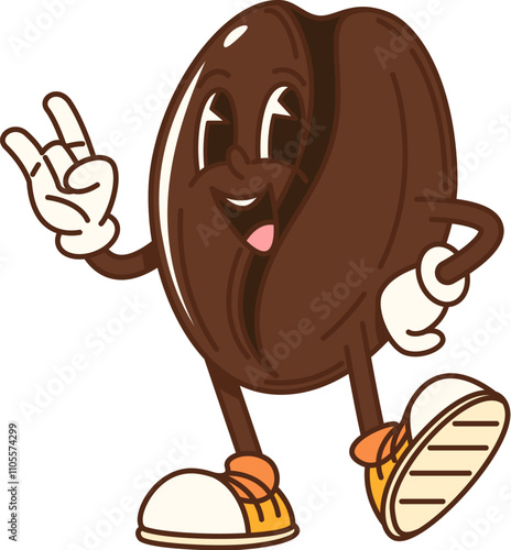 Cartoon groovy coffee bean character with funny face, vector retro emoji. Groovy coffee bean with happy smile and cool fingers gesture in good vibes in hipster shoes for coffee retro cartoon character