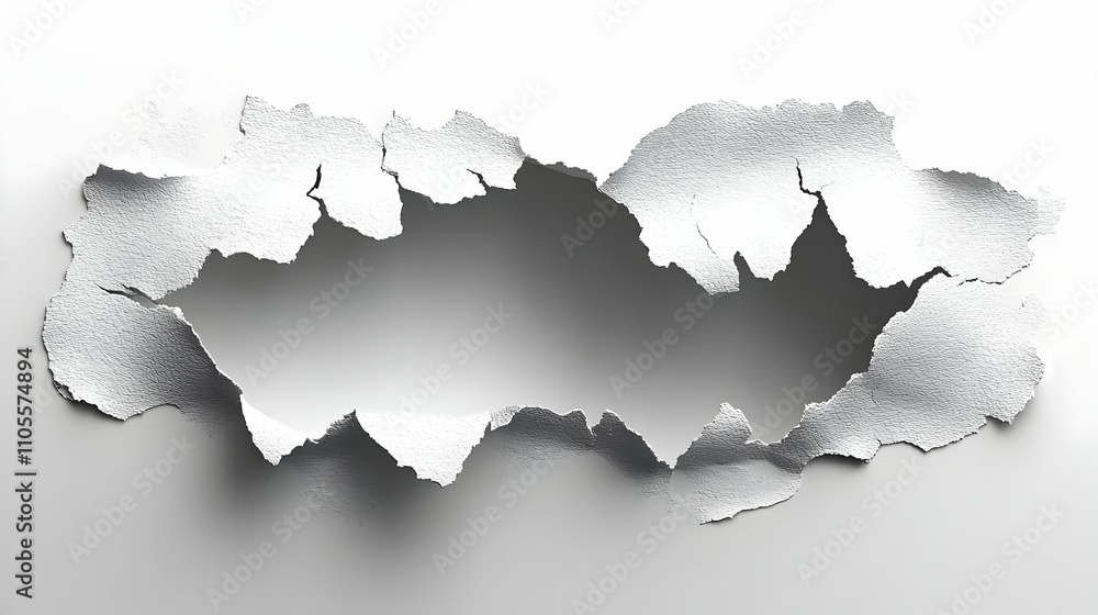 Torn Wall: Abstract Texture, Surface Damage, Grunge Design, White Background, Hole in Wall, Damaged Plaster, Cracked Paint, Distressed Surface, Rough Texture, Peeling Paint Torn Wall: Abstract Texture, Surface Damage, Grunge Design, White Background, Hole in Wall, Damaged Plaster, Cracked Paint, Distressed Surface, Rough Texture, Peeling Paint