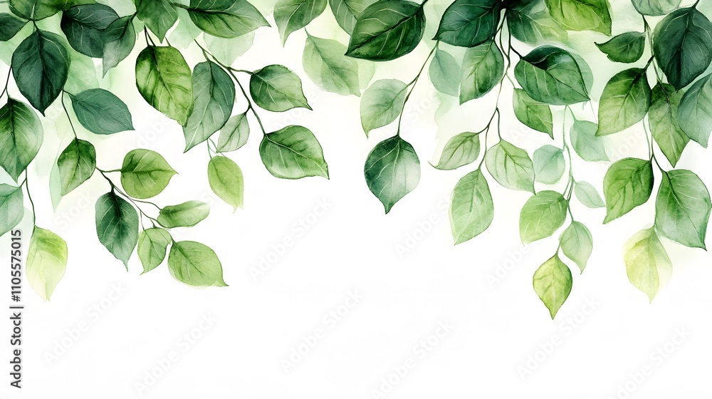 Fototapeta premium Fresh&nbsp;green leaves arranged in border&nbsp;composition with watercolor effect, featuring&nbsp;various shades and photorealistic botanical details with&nbsp;natural shadows.