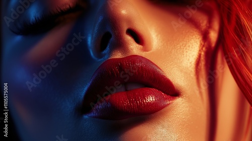 Close-up of red lips under vivid lighting, showcasing vibrant color contrast and texture for beauty and cosmetics themes.